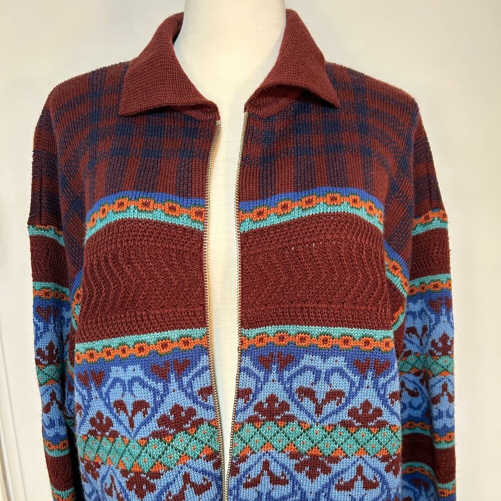 Vintage Oilily Italian Knit Graphic Wool Zip-up Sweater XL